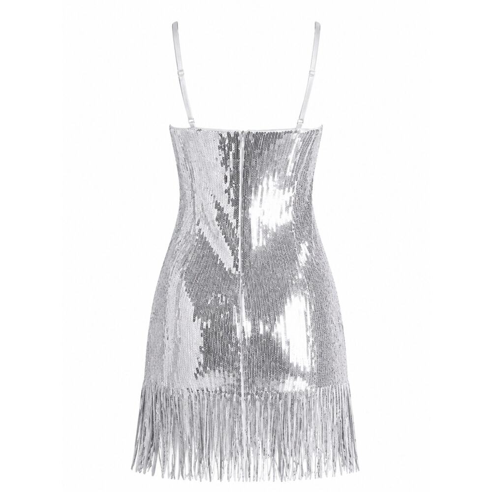 LIKELY Silver Sequin Fringe Mini Dress Cocktail Party Dress Size 10 - Picture 4 of 10